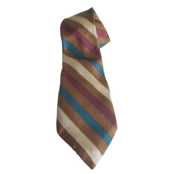 Vintage Resilio Striped Cream Brown Teal Burgundy Mens Tie Necktie Estate Find - Picture 1 of 5